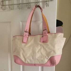 NICE Coach Soho Cream Ivory Canvas Rose Pink Leather Trim Multi Baby Diaper Bag